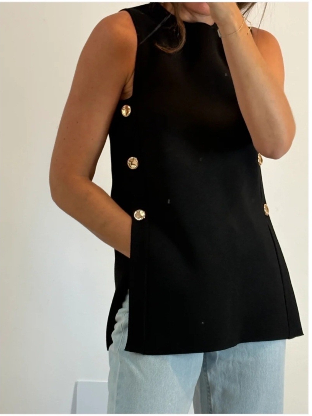NWT Zara Black Knit Sleeveless Side Gold Button Shift Top Vest Sz M Old Money